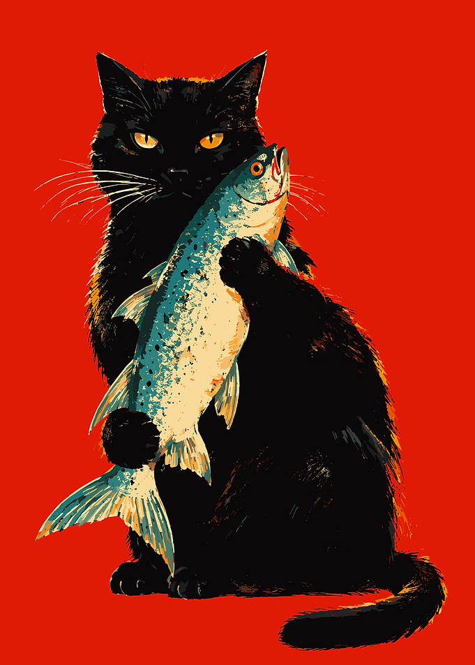Black Cat Holding a Fish