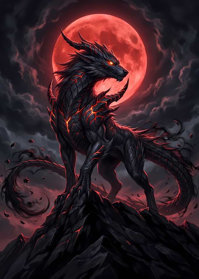Dark Dragon Wolf Under Red Moon