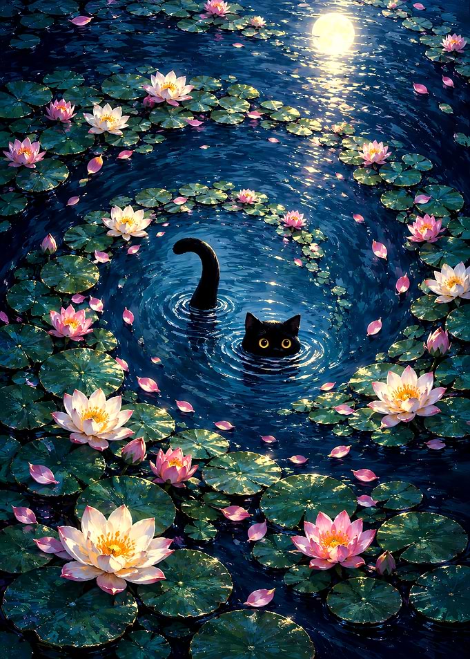 Black Cat Swimming in Lotus Pond