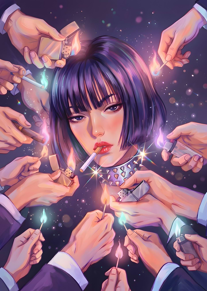 Woman Surrounded by Lighters and Flames
