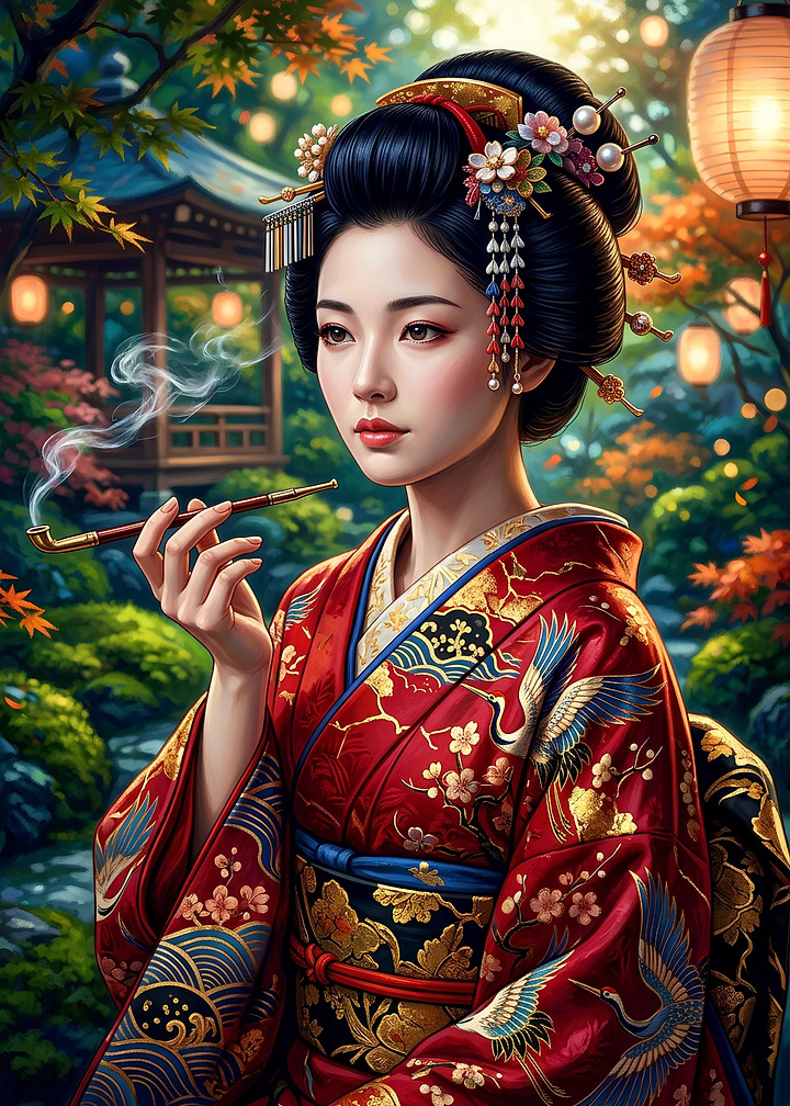 Elegant Geisha with Traditional Pipe