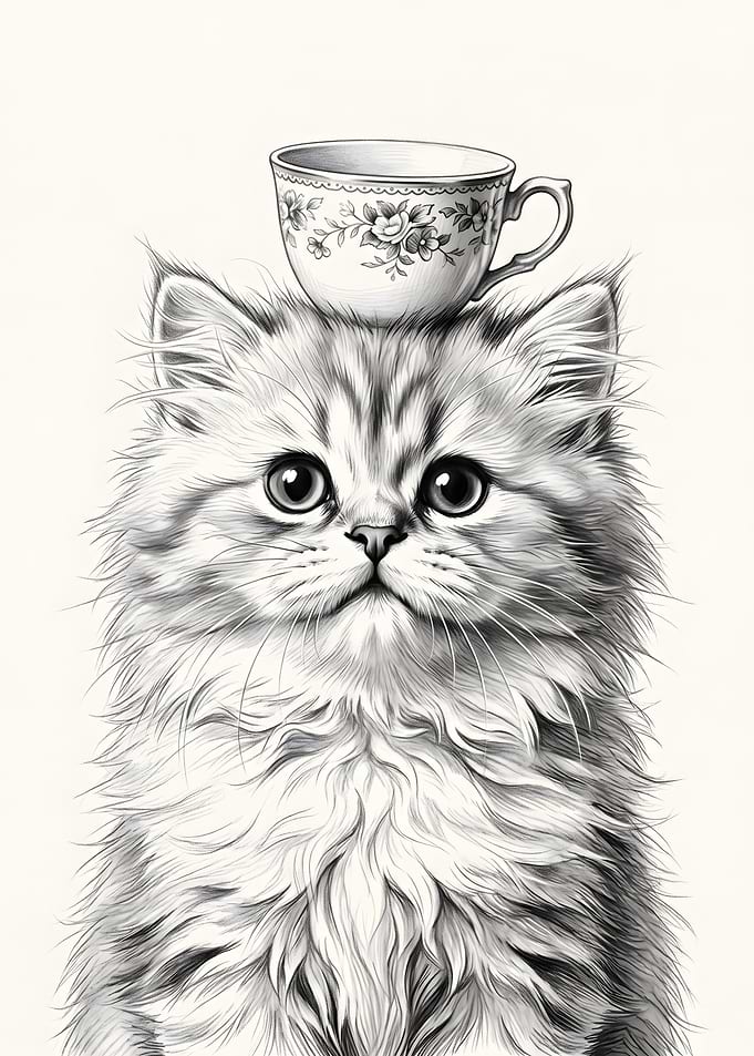 Fluffy Kitten with Teacup