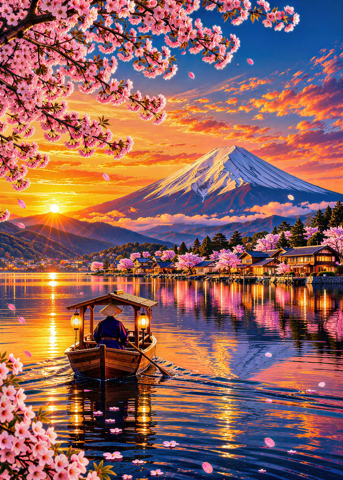 Mount Fuji Sunset with Cherry Blossoms