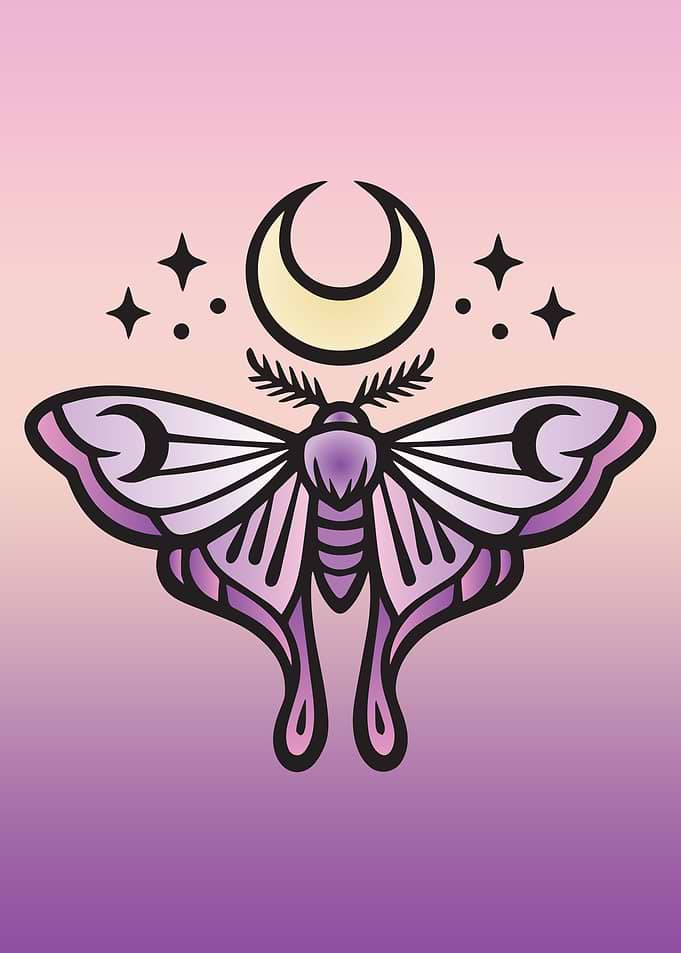 Celestial Moth and Crescent Moon Illustration
