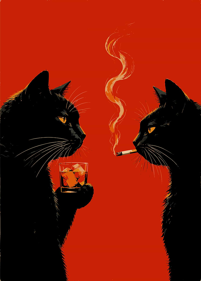 Two Black Cats Drinking and Smoking