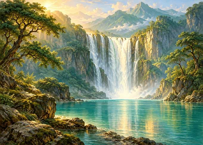 Majestic Waterfall in Lush Mountain Landscape