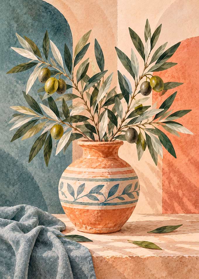 Mediterranean Olive Branch in Ceramic Vase