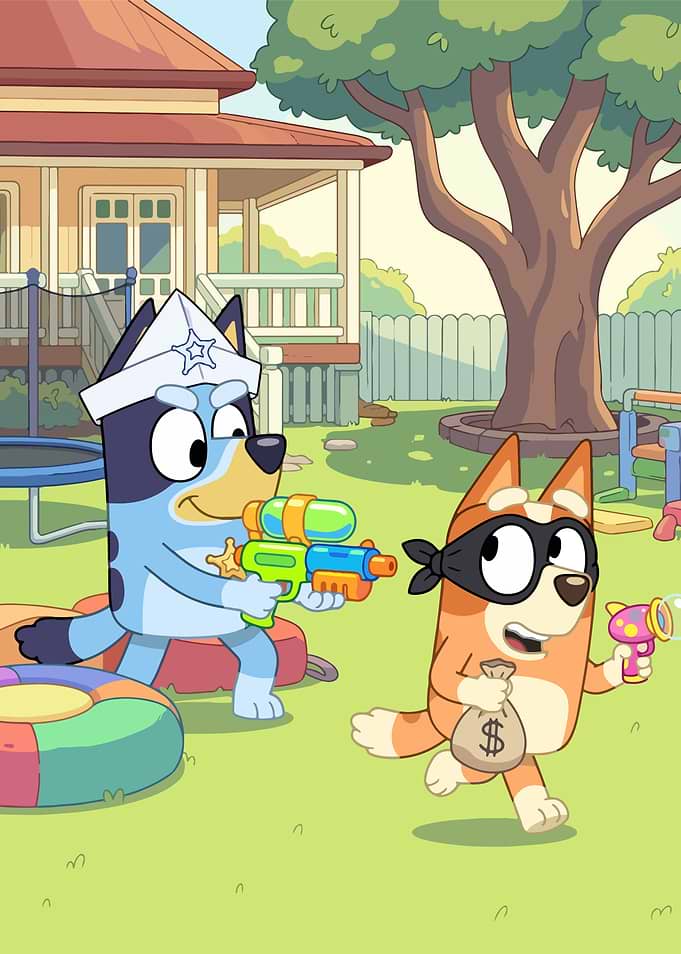 Bluey and Bingo Playing Cops and Robbers