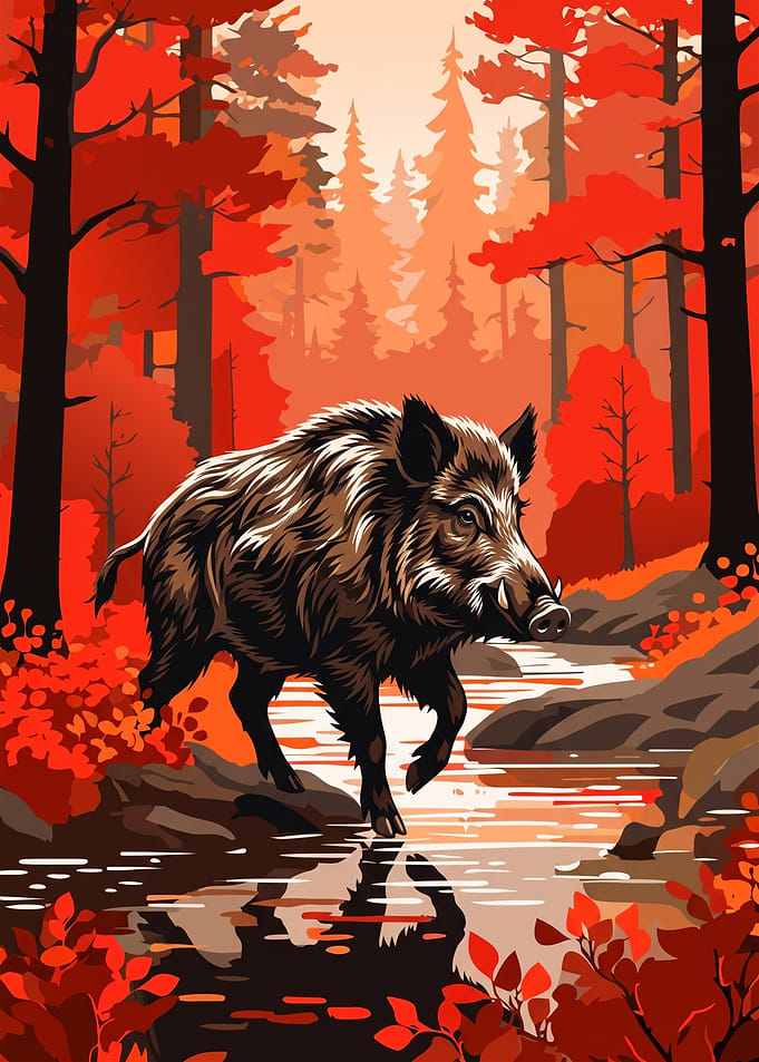 Wild Boar in Autumn Forest