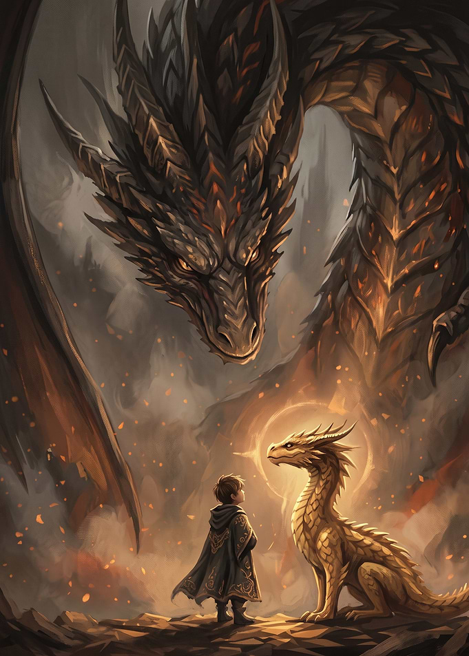 Child Encountering a Golden Dragon