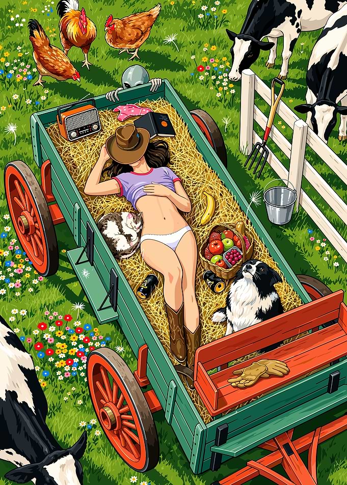 Woman Relaxing in Farm Wagon