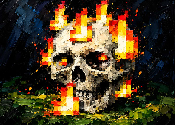 Pixelated Flaming Skull Oil Painting