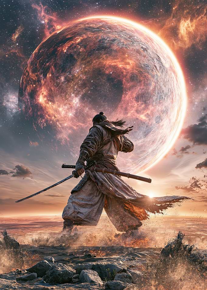 Samurai Warrior Under Cosmic Moon