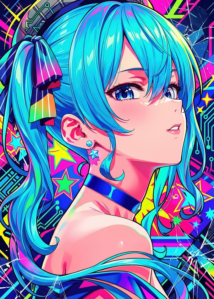 Vibrant Neon Anime Girl Portrait