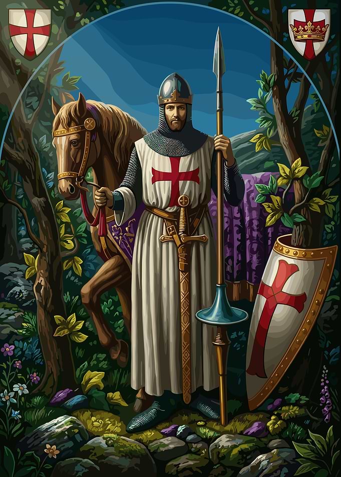 Templar Knight with Horse in Forest