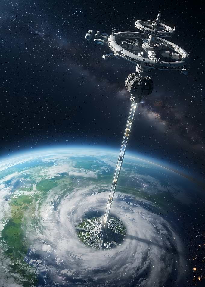 Futuristic Space Elevator Above Earth