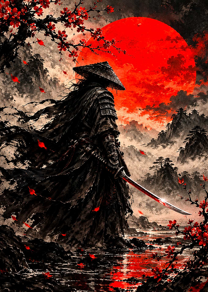Samurai Standing Under Red Sun