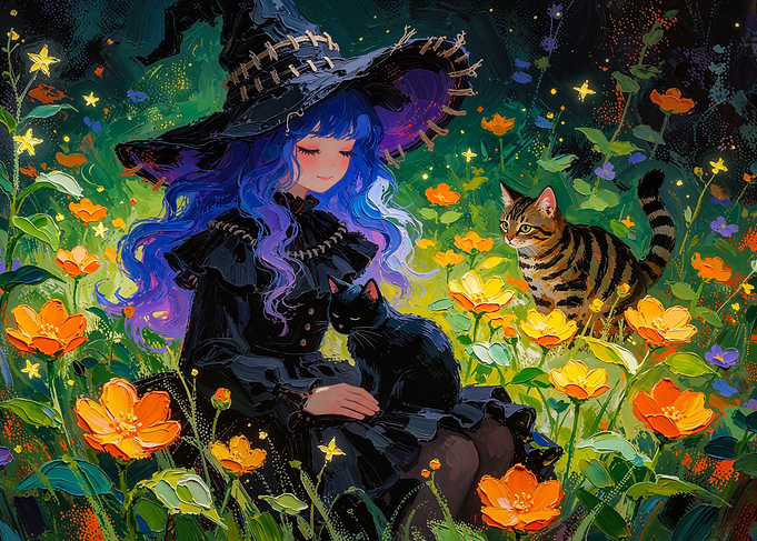 Witch with Cats in Flower Field