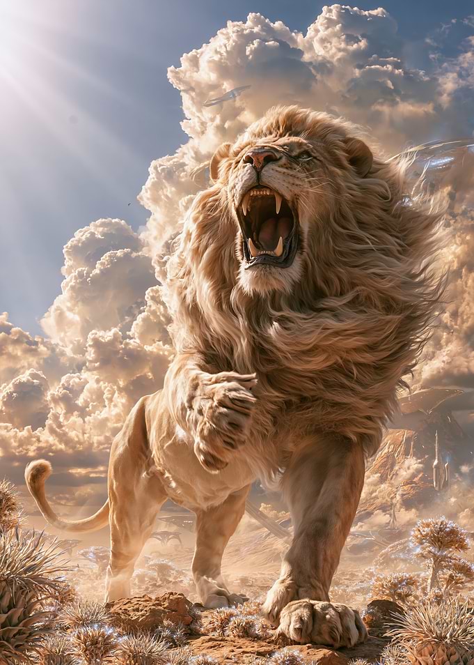 Majestic Roaring Lion in Fantasy Landscape