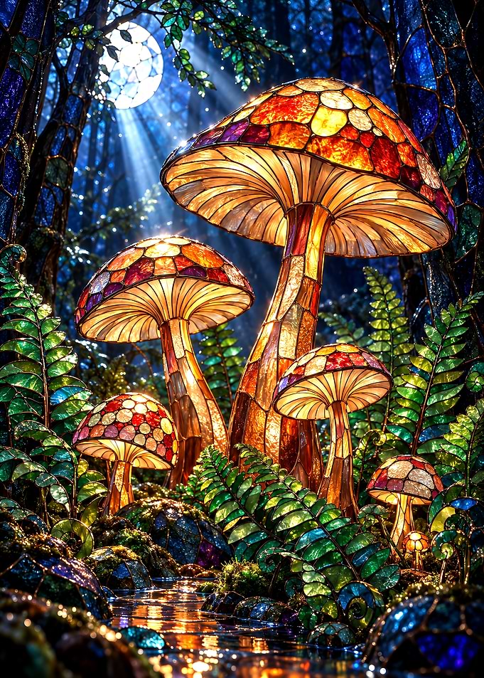 Stained Glass Mushroom Forest Scene