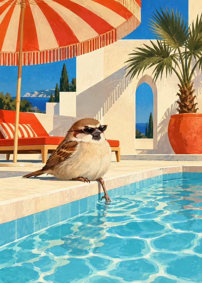 Cool Sparrow Relaxing by the Pool