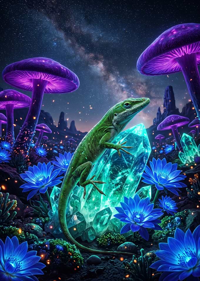 Green Lizard on Glowing Crystal