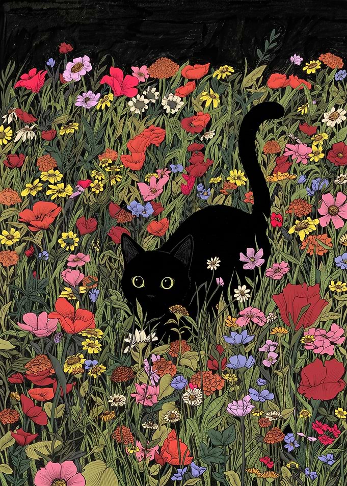 Black Cat in a Wildflower Meadow