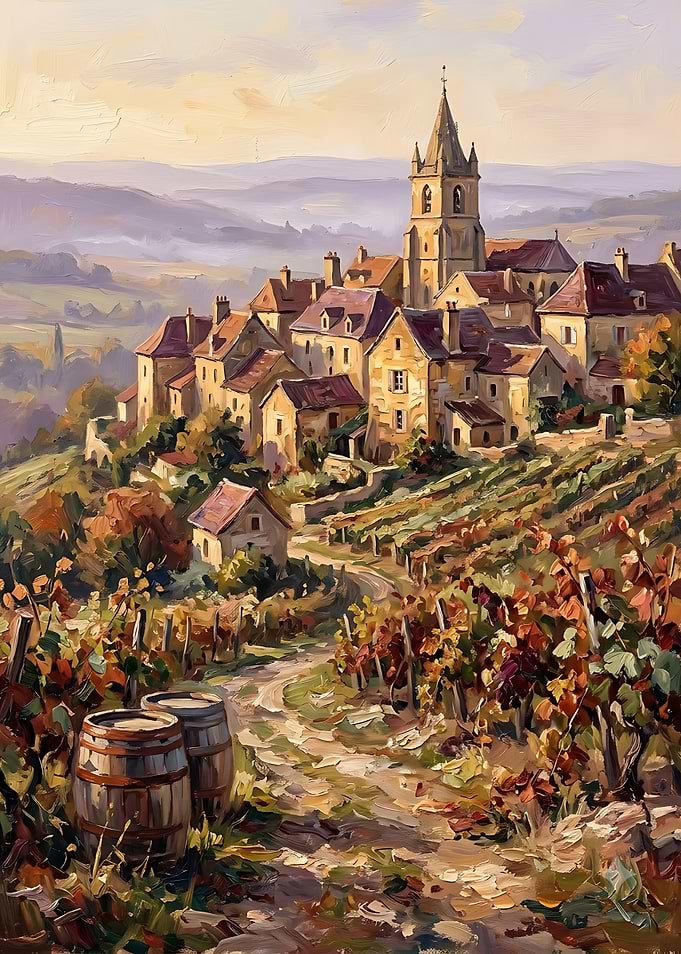 Oil Painting of French Vineyard Village