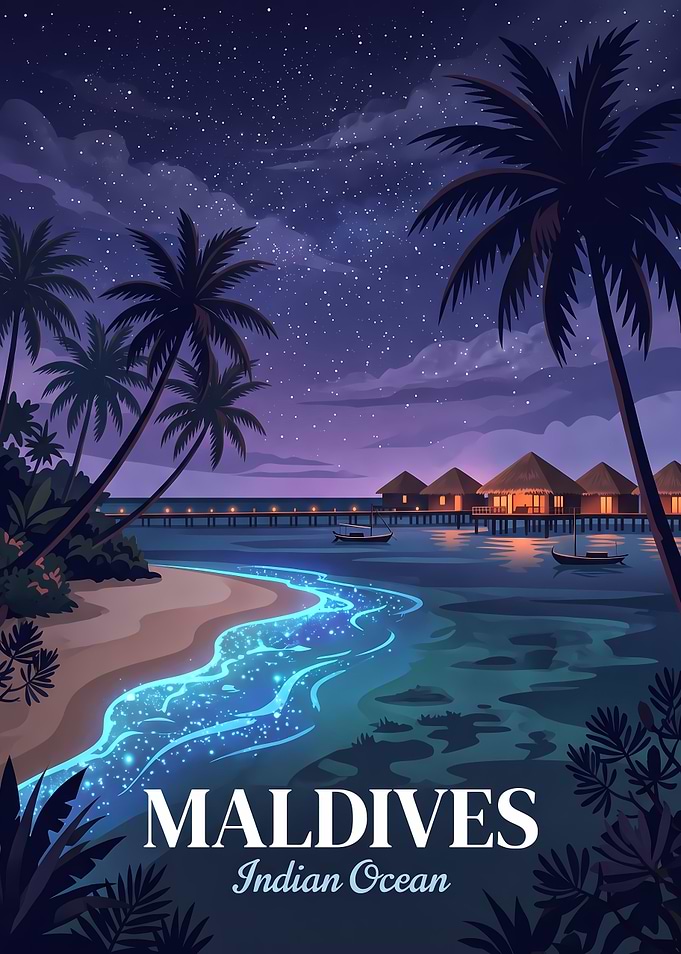 Maldives Night Beach Travel Poster