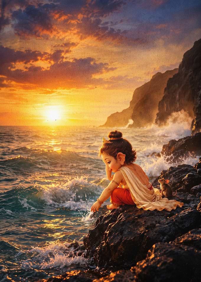 Baby Ganesha Ocean Sunset Art