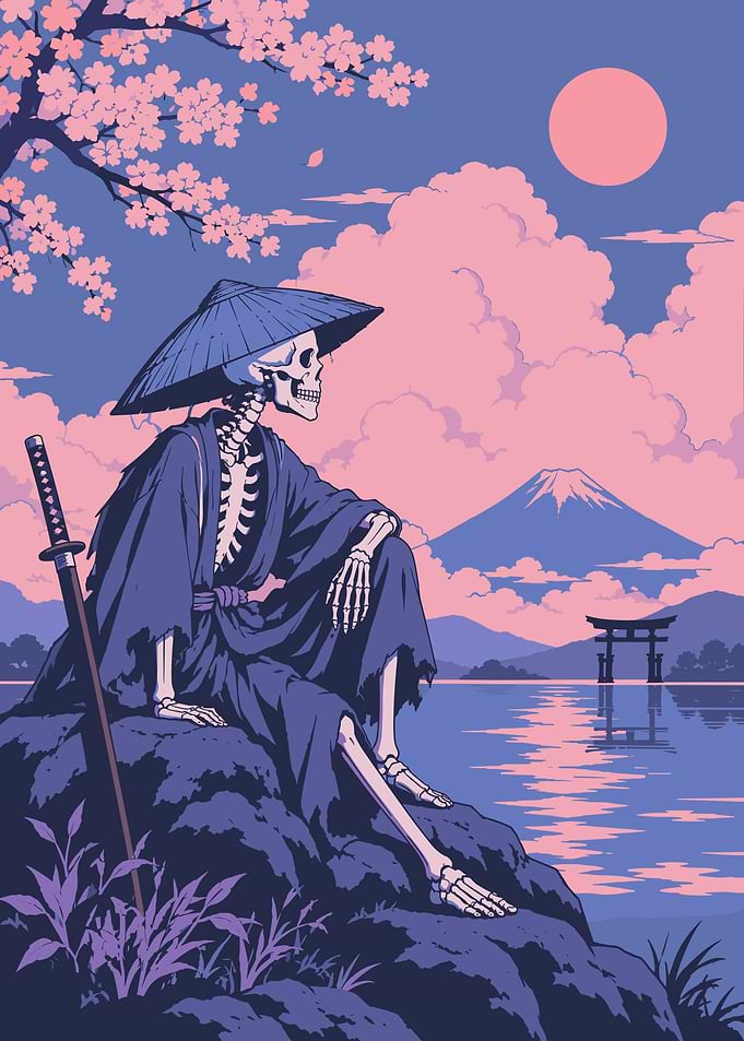 Skeleton Samurai by Mount Fuji