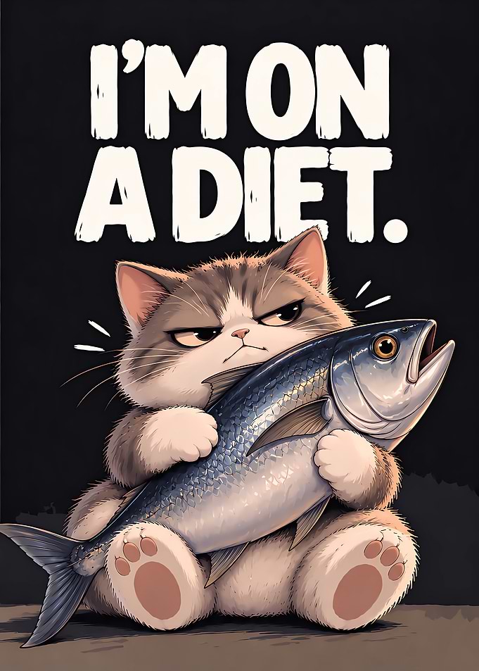 Funny Cat Holding Fish Diet Poster