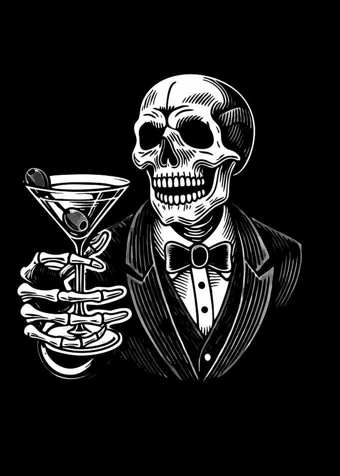 Skeleton in Tuxedo Holding Martini