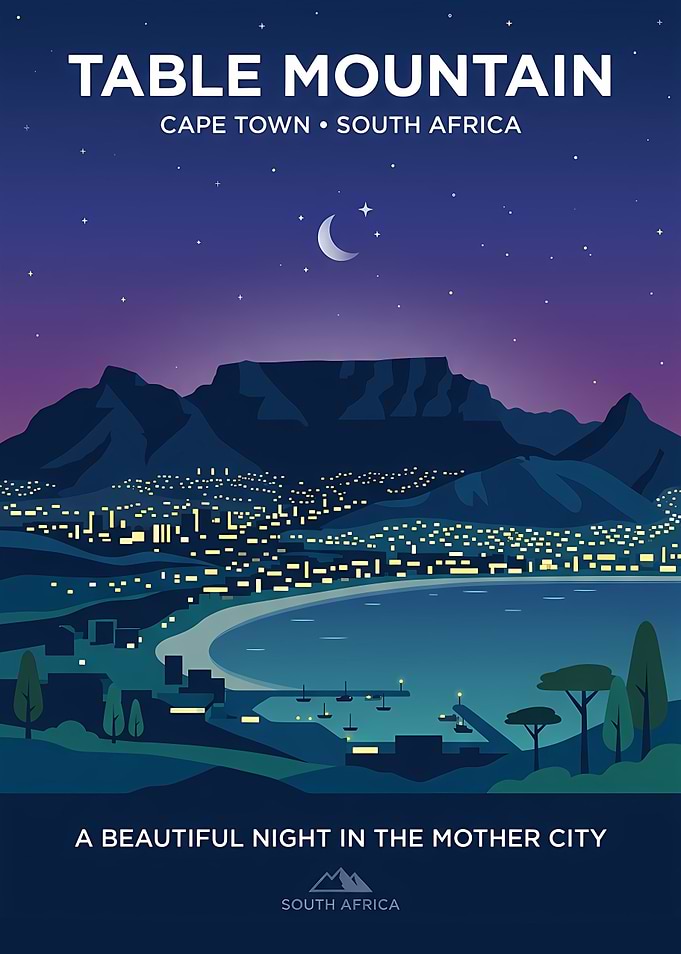 Table Mountain Cape Town Night Poster
