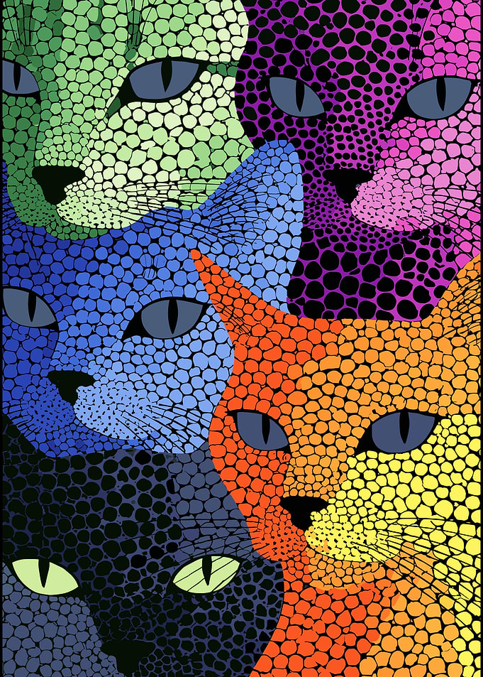 Colorful Mosaic Cat Faces Pattern