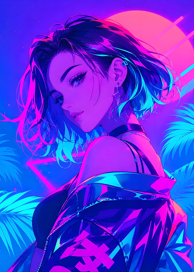 Neon Synthwave Anime Girl Portrait