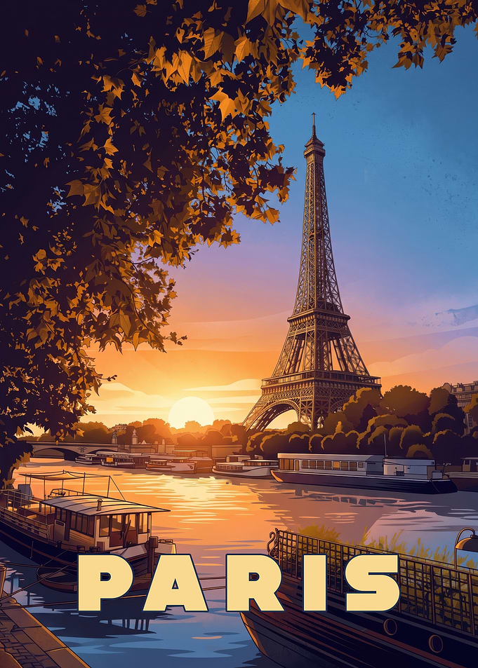Paris Eiffel Tower Sunset Travel Poster
