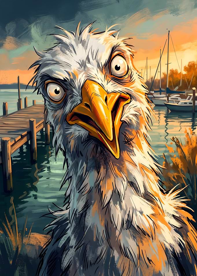 Funny Seagull Close Up at Harbor Sunset