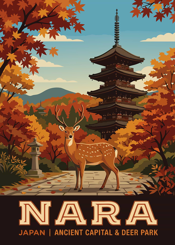 Nara Deer Park Japan Vintage Travel Poster