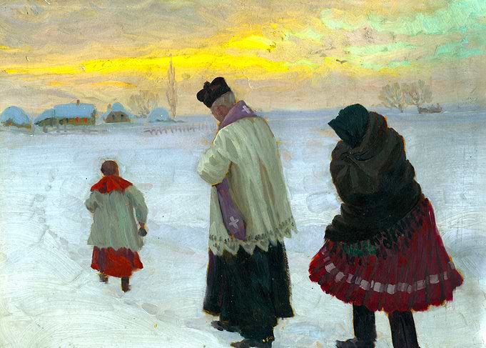 For the Last Anointing by Jozef Theodor Mousson Winter Snow Landscape Painting