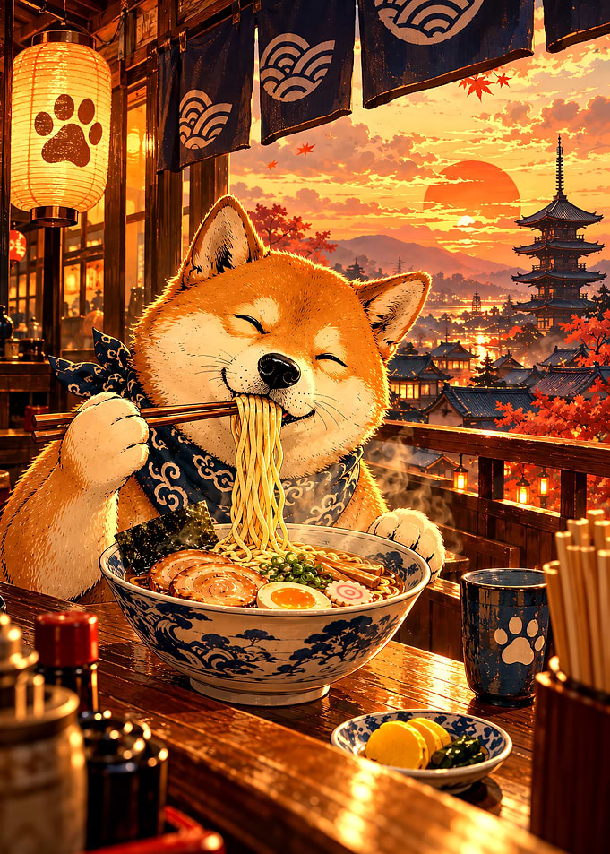 Shiba Inu Eating Ramen at Sunset