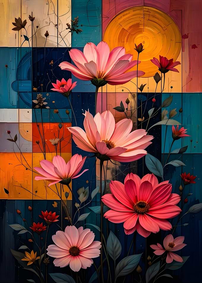 Abstract Pink Flowers on Geometric Background