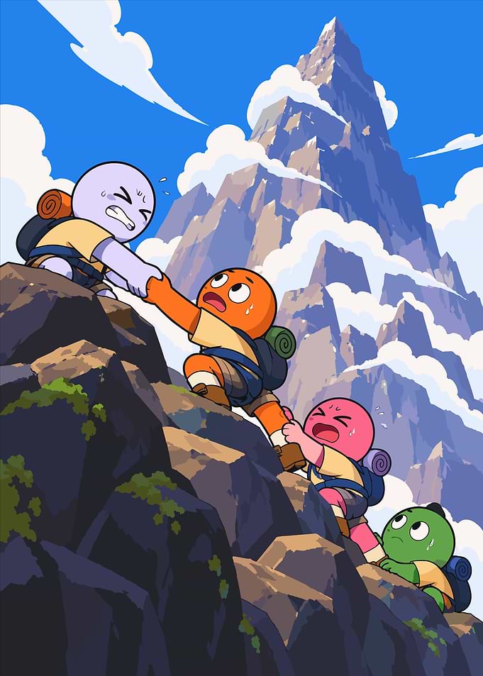 Cartoon Characters Mountain Climbing Adventure