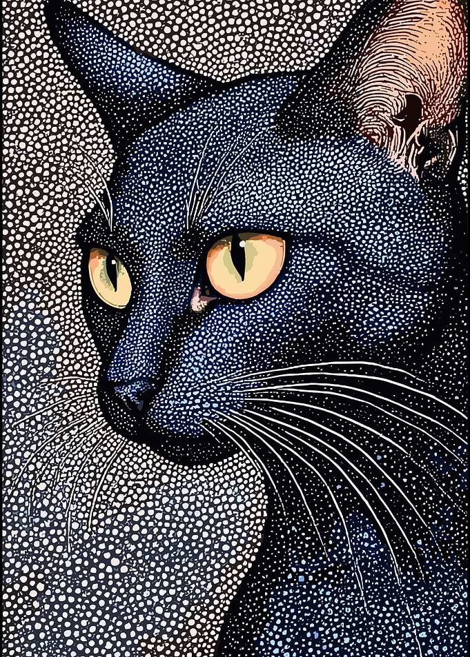 Stippled Pointillism Black Cat Portrait