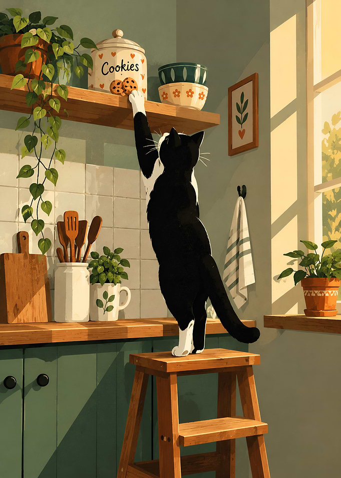 Cat reaching for cookie jar Kitchen art