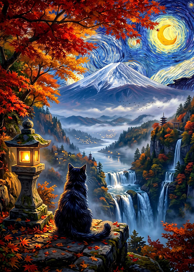 Cat Watching Mount Fuji Waterfall
