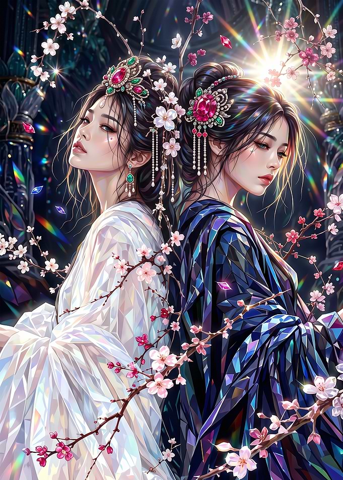 Dual Crystal Goddesses with Cherry Blossoms