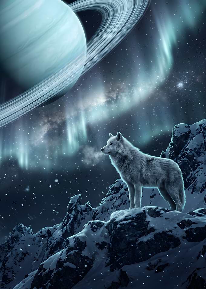 Wolf Standing on Snowy Mountain Peak
