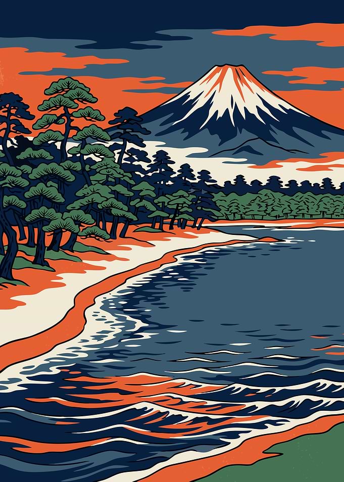 Mount Fuji Japanese Woodblock Print Style