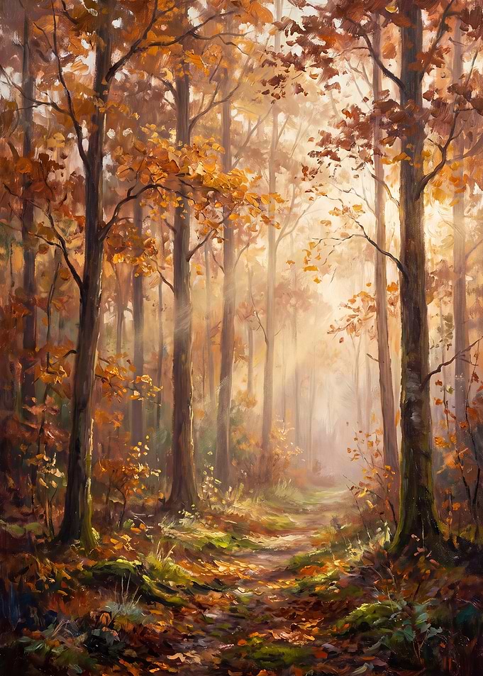 Golden Autumn Forest Path Painting